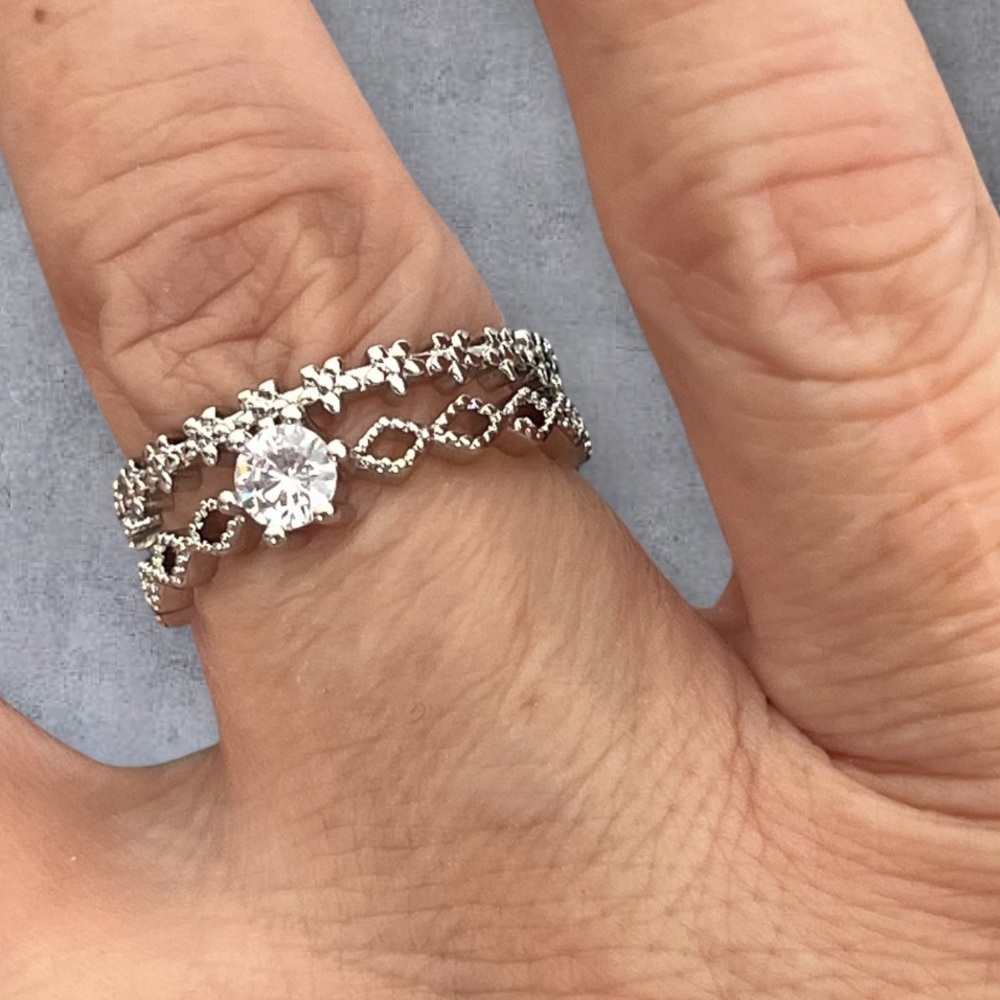 Stainless steel Clear CZ Paved silver ring adjustable size